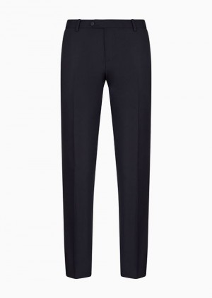 Navy Blue Emporio Armani Worsted Virgin-wool, Creased Trousers | EA-SN58376