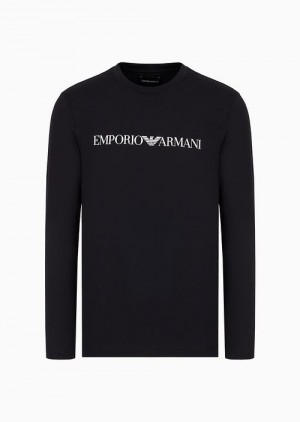 Navy Blue Logo Emporio Armani Pima-jersey Jumper With Printed Logo | EA-SN58686