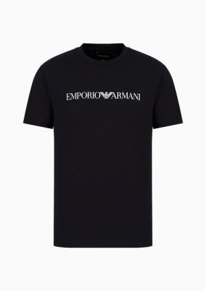 Navy Blue Logo Emporio Armani Pima-jersey T-shirt With Logo Print | EA-SN58704