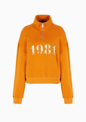 Orange Emporio Armani 1981 Asv Capsule Soft-touch Organic-jersey Sweatshirt With Partial Zip | EA-SN56984