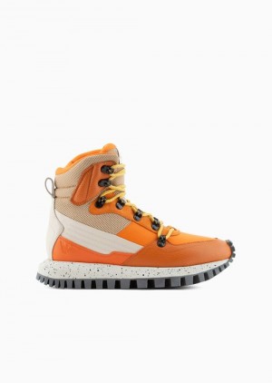 Orange Emporio Armani Asv Capsule Leather And Recycled Nylon Hiking High-top Sneakers | EA-SN58902