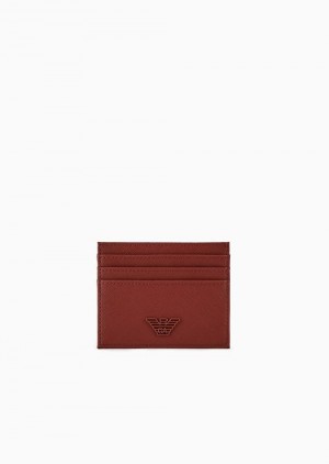 Orange Emporio Armani Asv Regenerated Saffiano Leather Card Holder With Rubberised Eagle | EA-SN59294