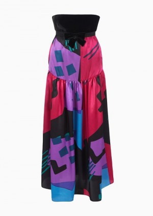 Pattern Emporio Armani Patchwork Geometric-print Silk Bustier Dress | EA-SN56491