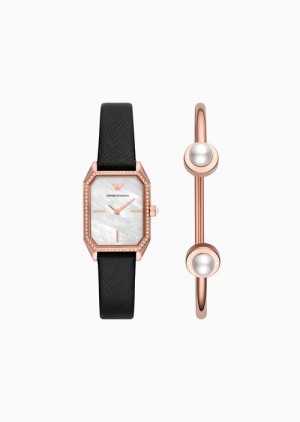 Pattern Emporio Armani Two-hand Black Leather Watch And Rose Gold-tone Stainless Steel Bracelet Set | EA-SN57678