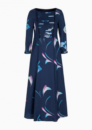 Pattern Emporio Armani Viscose Flared Dress With Stylised Floral Print And Pleated Detail | EA-SN56508