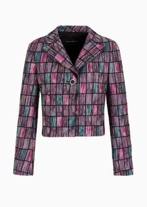 Pink Emporio Armani Jacket With Lapels In A Geometric Patchwork Motif Wool Blend Bouclé | EA-SN56425