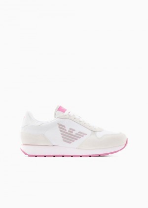 Pink Emporio Armani Suede And Nylon Sneakers With Oversized Eagle | EA-SN57211