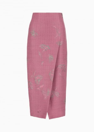 Pink Emporio Armani Wool-blend Basketweave Jacquard Midi Skirt With A Lurex Abstract Floral Motif | EA-SN56904