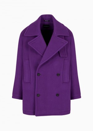 Purple Emporio Armani Double-breasted, Wool Cloth Lapelled Pea Coat | EA-SN58178