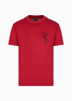 Red Emporio Armani Asv Lunar New Year Lyocell-blend Jersey T-shirt With Dragon Embroidery | EA-SN58771