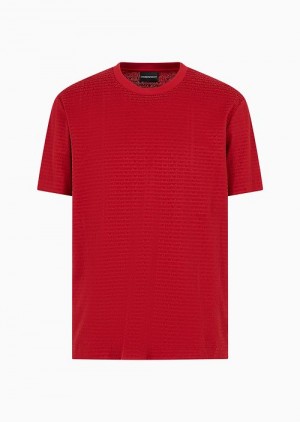 Red Emporio Armani Asv Lyocell-blend Jersey T-shirt With All-over Flock Logo Lettering | EA-SN58747