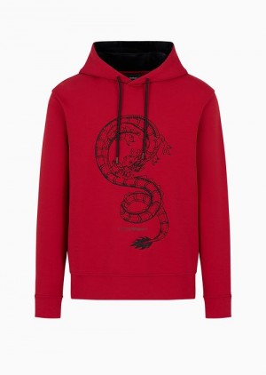 Red Emporio Armani Double-jersey Hooded Sweatshirt With Lunar New Year Dragon Embroidery | EA-SN58577