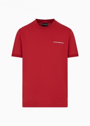 Red Emporio Armani Lightweight Jersey T-shirt With Logo Embroidery And Ribbed Trim | EA-SN58746