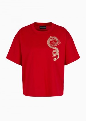 Red Emporio Armani Lunar New Year Mercerised-jersey T-shirt With Dragon Print | EA-SN57069