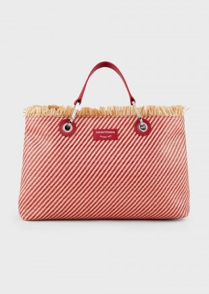 Red Emporio Armani Myea Bag Woven Straw Shopper Bag | EA-SN57250