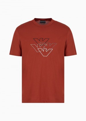 Red Emporio Armani Pima Jersey T-shirt With Logo Embroidery | EA-SN58600