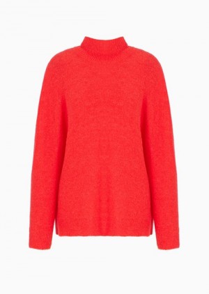 Red Emporio Armani Seamless Mock-neck Jumper In A Wool-alpaca Blend With Buttons | EA-SN56688