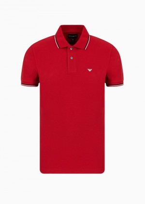 Red Emporio Armani Slim-fit Stretch Piqué Polo Shirt With Micro Eagle | EA-SN58460