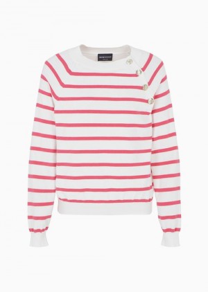 Red Emporio Armani Striped Jumper With Opening At The Shoulder And Gold Buttons | EA-SN56678