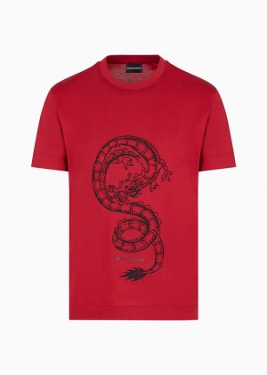 Red Logo Emporio Armani Asv Lunar New Year Lyocell-blend Jersey T-shirt With Dragon Embroidery | EA-SN58772