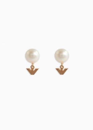 Rose Gold Emporio Armani White Pearl Stud Earrings | EA-SN57561