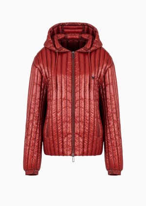 Rust Emporio Armani Water-repellent Hooded Nylon Down Jacket With Vertical Quilting | EA-SN58222