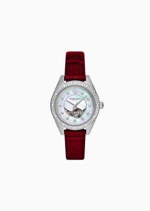 Silver Emporio Armani Automatic Red Leather Watch | EA-SN57685