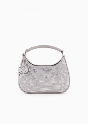 Silver Emporio Armani Satin Hobo Mini Bag With Rhinestones | EA-SN57378