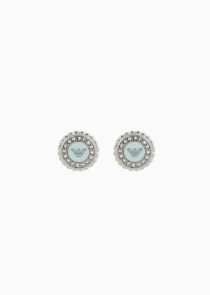 Silver Emporio Armani Stainless Steel Mother Of Pearl Stud Earrings | EA-SN57529