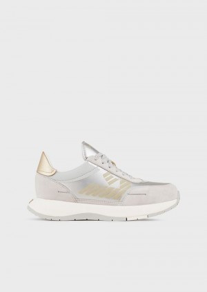 Silver Emporio Armani Suede And Nylon Sneakers With Oversized Eagle | EA-SN57204