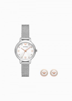 Silver Emporio Armani Three-hand Stainless Steel Mesh Watch And Earrings Set | EA-SN57686