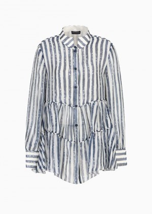 Striped Emporio Armani Shirt With Guru Collar With Silk-chiffon Frill With A Pictorial Print | EA-SN56929