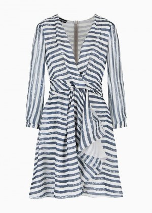 Striped Emporio Armani Silk-chiffon V-neck Dress With Pictorial Print | EA-SN56502