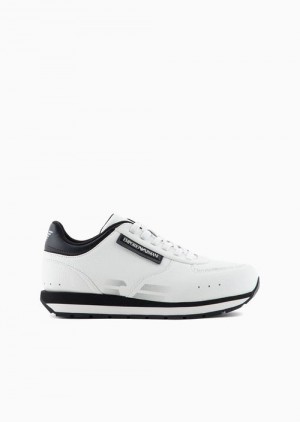 White 1 Emporio Armani Leather Sneakers With Gradient Eagle | EA-SN57205