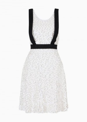 White Emporio Armani All-over Hand-embroidered Overlapping Sequin-covered Dress | EA-SN56536