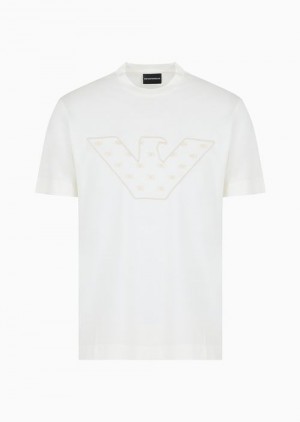 White Emporio Armani Asv Lyocell-blend Jersey T-shirt With Embroidered Oversized Eagle With Internal Micro Eagles | EA-SN58593