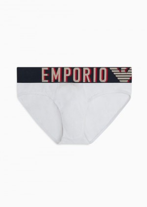 White Emporio Armani Asv Megalogo Organic-cotton Briefs | EA-SN58820