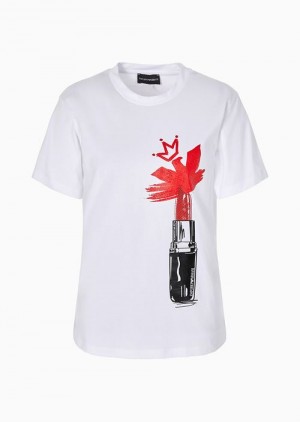 White Emporio Armani Asv Organic-jersey T-shirt With Red Lips Print | EA-SN57022