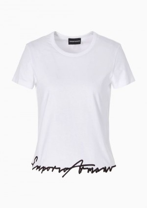 White Emporio Armani Asv Organic-jersey T-shirt With Embroidered Shaped Hem | EA-SN57039