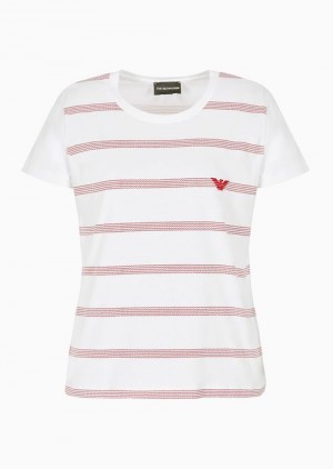 White Emporio Armani Asv Zig-zag Print Organic Jersey T-shirt With Eagle Embroidery | EA-SN57031