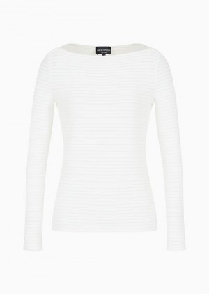 White Emporio Armani Boat-neck Jumper In A Jacquard Fabric With Embossed Stripe Motif | EA-SN56683