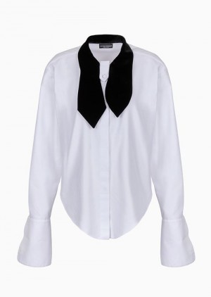 White Emporio Armani Cotton Drill Shirt With Velvet Foulard Collar | EA-SN56952