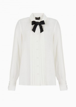 White Emporio Armani CrêPe Shirt With Pleats And Bow | EA-SN56955