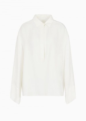 White Emporio Armani Cupro Drill Shirt With Popover Opening | EA-SN56980