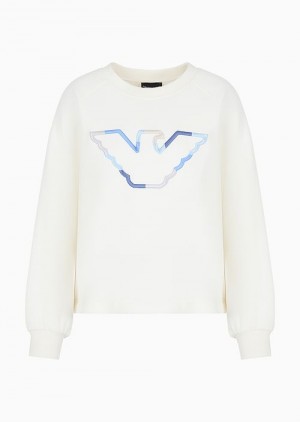 White Emporio Armani Double-jersey Crew-neck Sweatshirt With Eagle | EA-SN57009