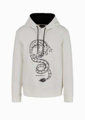 White Emporio Armani Double-jersey Hooded Sweatshirt With Lunar New Year Dragon Embroidery | EA-SN58576