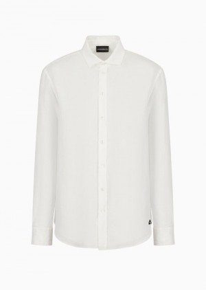 White Emporio Armani Garment-dyed Linen Shirt With French Collar | EA-SN57845