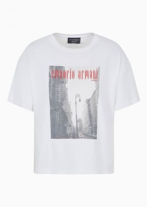 White Emporio Armani Icon Stretch-jersey T-shirt With Photographic Print And Logo | EA-SN57025