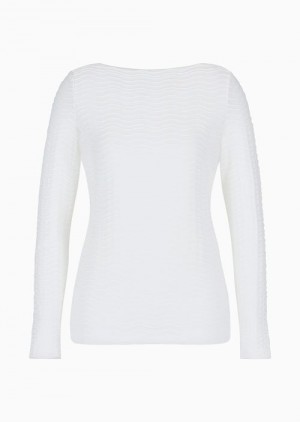 White Emporio Armani Jersey Jumper With Embossed Waves Motif | EA-SN57012