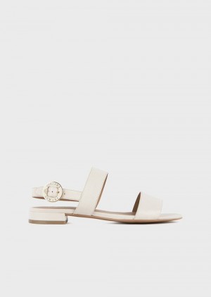 White Emporio Armani Leather Sandals With Logo Medallion | EA-SN57169